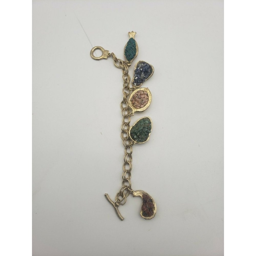 Large Chunky Gold Tone Charm Bracelet Fruit Charms W/Stone